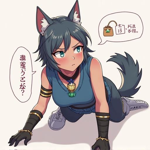 A character with fox ears and tail looks cute while crawling. The character wears a blue top and black gloves. A small dog is dancing on a fingertip. Speech bubbles are present.