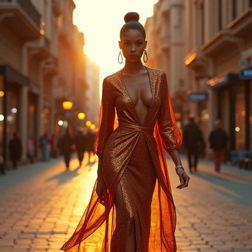 Stylish figure wearing a luxurious glowing outfit in a chic urban setting. The outfit has stunning texture creating depth to the scene. The figure is walking in a Cairo street during sunset light.
