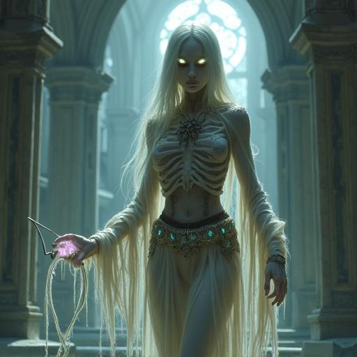 Dead white humanoid with translucent skin and formless glowing eyes. Wears bandage-style leather corset and rib-like bone armor. Features a belt of glowing soul-crystal vials. Wields a razor-bone ectoplasm whip. Stands in ruined cathedral lit by spectral moonlight.