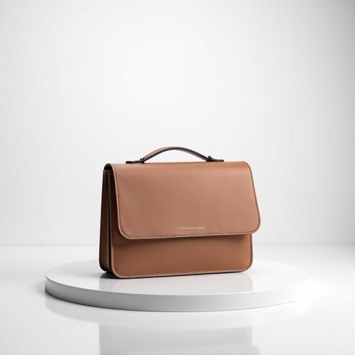 Professional studio product shot of stylish handbag on glossy white acrylic surface with clean white background. Bag centered and evenly lit with soft lighting, creating subtle shadows and gentle reflection. Image sharp, high-resolution showcasing texture and details. Modern, elegant, premium appearance.
