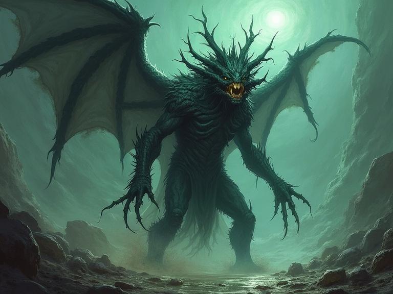 A monstrous creature with wings stands atop rocky terrain. The creature has a gnarled, gray-green body with a fierce expression. Antler-like branches protrude from its head. The scene is dimly lit from above, creating an eerie atmosphere.