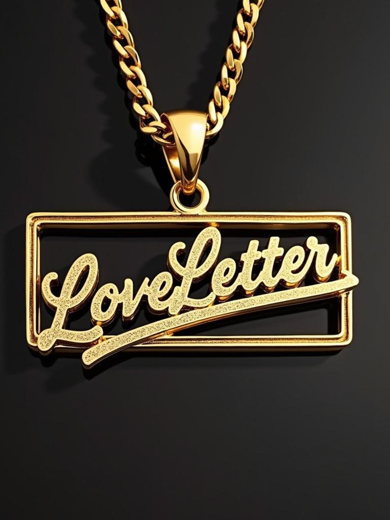 Hip hop style nameplate pendant in gold. Features the word 'LoveLetter' in bold script. The chain is gold-colored. Pendant has a rectangular sign shape.