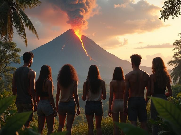Seven hyperrealistic adults diverse men and women stand at the edge of a dense tropical forest looking towards a mountain with an erupting volcano. The volcano emits smoke and glowing lava flowing down its slopes. Faces show shock concern urgency. Sky is partly cloudy with an ominous glow from lava. Surrounding forest is lush and green with warm sunlight contrasting with fiery eruption. Cinematic lighting highlights tension drama.