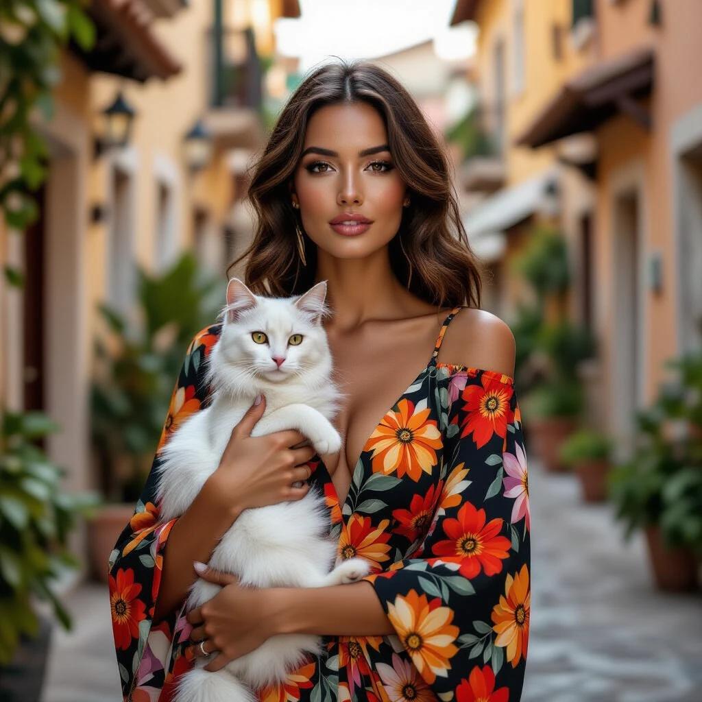A woman with long, flowing hair in vibrant colors stands in a picturesque alley. She wears a floral dress with large orange flowers. In her arms, she holds a soft white cat with curious eyes. The scene is warm and inviting, emphasizing the bond between them. The neutral background highlights the vibrant colors of both the woman and her cat.