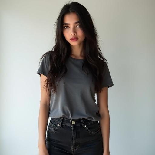 Young Latina woman poses in a white room. She wears a gray t-shirt and black jeans. Long dark hair cascades over her shoulders. Soft lighting enhances her features. Realistic details. Shoots in a clean background.