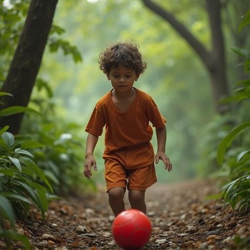 A boy plays with a red ball in a jungle. Scene captures whimsical nature style. Emphasizes childhood joy and playfulness.