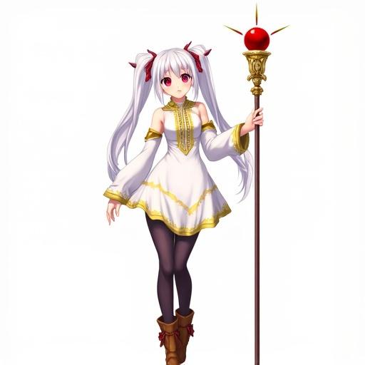 Digital illustration featuring an anime-style female character. Long white hair in two high ponytails. Fair skin and large expressive eyes. Wearing a white dress with gold trim and high collar. Dark leggings and brown boots. Holding a staff with a red orb top. Plain background highlights character's details and accessories. Vibrant and dynamic fantasy anime style.
