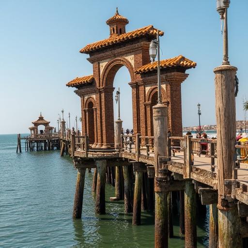 Muelle histórico de Pimentel en Chiclayo, Perú con caballitos de totora. Vista del muelle con estructuras arquitectónicas y el mar de fondo.