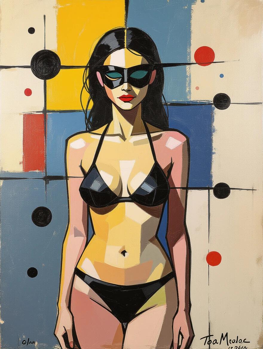 A nude model wears a black mask instead of a bikini. An abstract oil painting featuring geometric shapes in the background. The painting style reflects the works of Joan Miró and Maria Tsuhilkina, with unusual textures and bold colors.