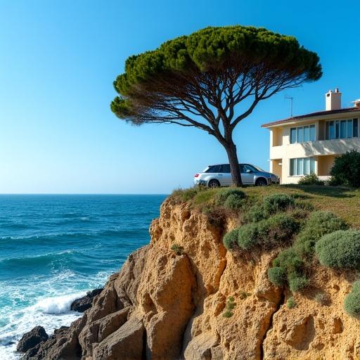 A thick tree stands on a sunny cliff. Blue sea surface is dotted with waves. Low bushes grow between rocks on the cliff top. A modern building has a silver vehicle parked beside it. Blue sky creates a magnificent coastal landscape.