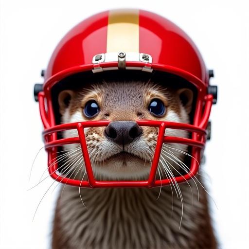 A young adult chocolate-brown otter wears a red football helmet. The helmet features a golden stripe and red faceguard. The otter has vivid blue eyes and sharp fur details. The background is white. The image is a studio portrait.