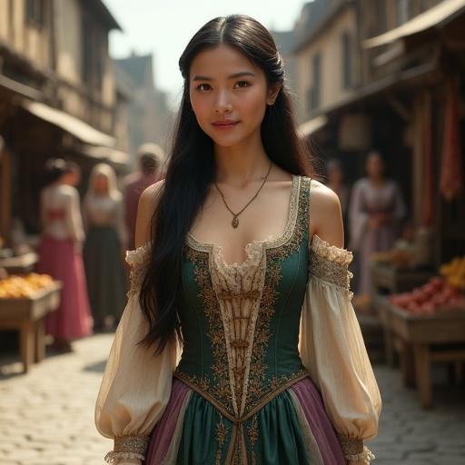 Portrait of a young medieval European townswoman demonstrating Asian features. Age appears around 20. Porcelain fair skin with a gentle pink blush and warm brown eyes. Dressed in a high-class medieval gown with intricate gold-thread embroidery. The setting is a lively medieval market with wooden stalls and cobbled streets. Sunlight enhances the atmosphere of warmth and joy.