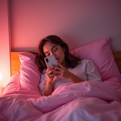 A teenager lies in bed holding a phone. The room features a pink and cute decor. The image has a disposable camera style with grainy and flashy effects.
