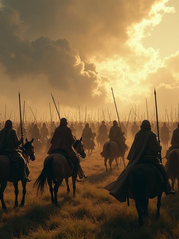 Illustration depicting the epic Battle of the Pelennor Fields with soldiers of Rohan and Gondor. The scene includes horses, spears, dramatic clouds, and rich textures. Surreal mood with a focus on lighting and intricate details.