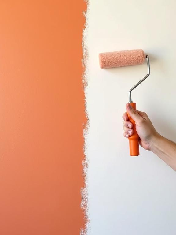 Roller brush painting. A worker paints a wall with red-orange color. Part of the wall remains white for text. Space is open for description.