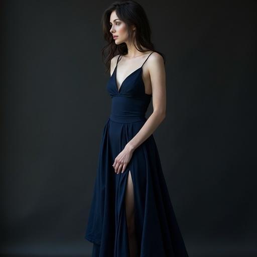 Full body shot of a tall woman in a midnight blue dress. The dress fits tightly at the waist and has a high slit. The model has shoulder-length dark hair and soft pale skin. The pose is sensual and expressive.