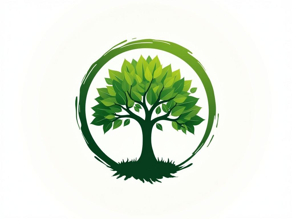 A green tree of life is centered within a circular outline. The tree has a sturdy trunk and an abundance of vibrant green leaves. Surrounding the tree is a simple, bold circular border that enhances its presence. The leaves are arranged symmetrically, creating a balanced and harmonious appearance. The background is a clean white, allowing the green hues of the tree and circle to stand out beautifully.