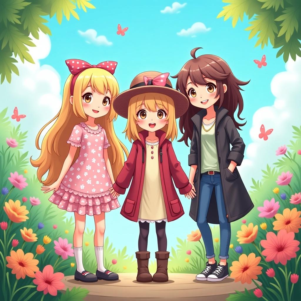 Three adorable anime-style girls stand together in a vibrant, flower-filled scene. Each girl showcases her unique fashion style, from a pink polka-dot dress to a cozy beige outfit. The background features bright butterflies and lush greenery, creating a joyful atmosphere. They are smiling and holding hands, representing friendship and youthful spirit. The art is colorful and cheerful, aimed at a young audience.