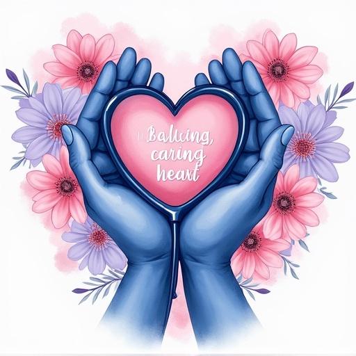 Heartfelt t-shirt design featuring two hands holding a heart-shaped stethoscope. Colors in navy blue. Surrounded by pastel flowers in pink, lavender, and white. Text included: 'Healing Hands, Caring Heart' in white cursive. Centered design with transparent background and realistic watercolor texture. High-resolution image.