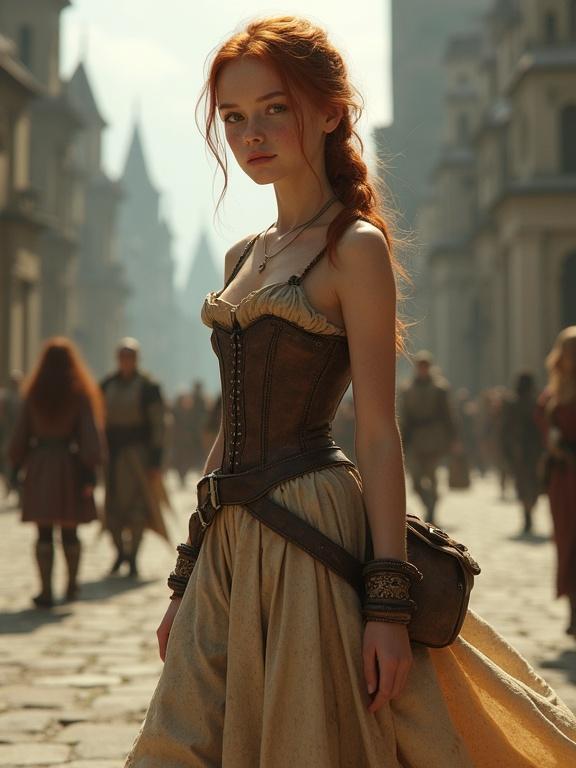 Photorealistic image of a pretty teenage girl walking through a medieval city. She has long auburn hair tied in a ponytail. The girl wears a sleeveless corset dress with a split skirt and tall socks. The atmosphere is warm and bustling with a historical vibe.