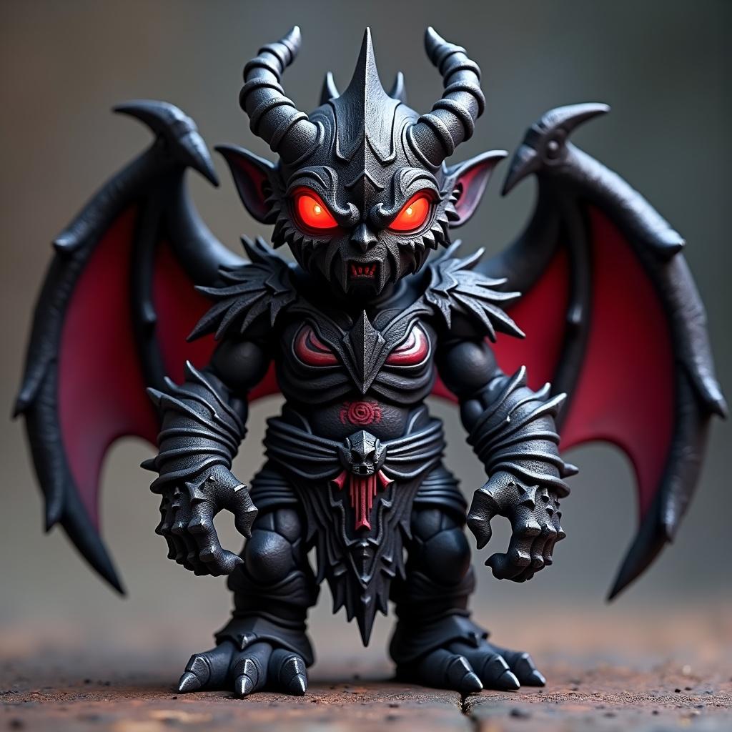 Design a fantasy cartoon-style monster toy called Lord of Shadows. Inspired by early 2000s Italian collectible figures. Non-human face, horned mask, glowing red eyes. Armored body with jagged textures, bat-like wings. Cartoonish style glossy paint, bold outlines. Primary colors: deep black, dark purple, crimson.