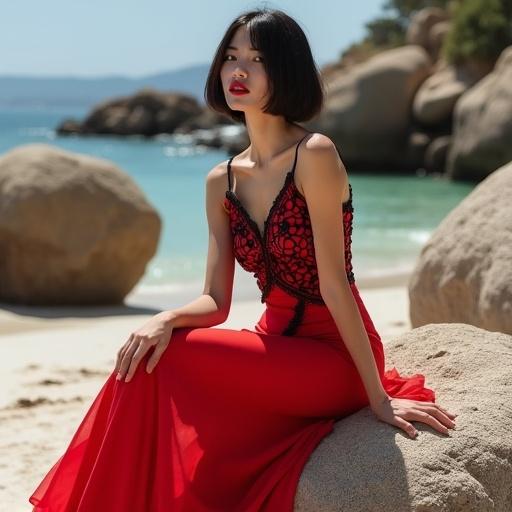 A photograph of a fashion model sitting on a rock. The model wears a vibrant red dress with black detailing. Short bob hairstyle and bold makeup. Bright and natural lighting highlights her figure. Soft shadows on the rock and ground. Peaceful coastal background adds serenity. High contrast enhances colors. Asymmetrical pose conveys confidence.