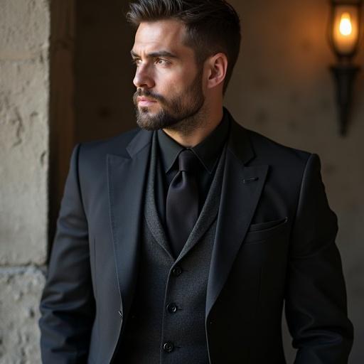 Man wearing a black suit with tie and shirt. The suit is well-fitted and stylish. The setting is elegant with a warm glow from a lamp.