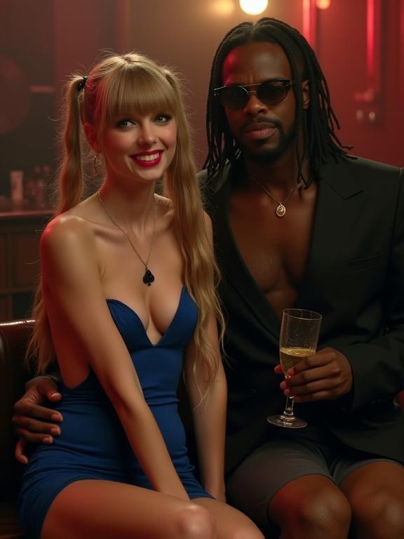 A scene in a dimly lit dive bar featuring a couple. A woman is wearing a blue bodycon dress with deep cleavage and a black pendant. She has long blonde hair styled in twintails and big blue eyes. A man sitting close to her is older with dreads and wearing a black jacket. They share a moment with champagne glasses. The atmosphere is lively with other patrons nearby.