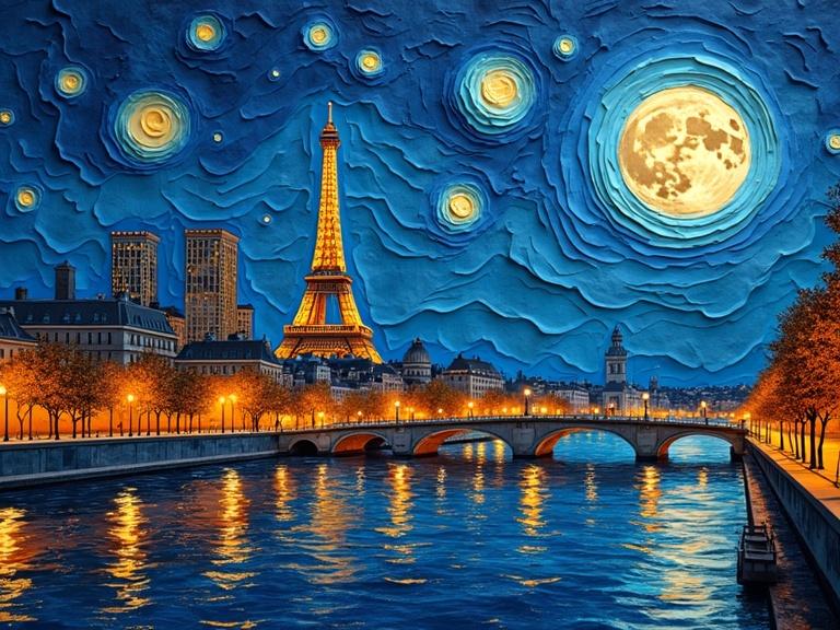 A vibrant layered papercraft panorama displays the Paris skyline at night. The Eiffel Tower is prominent alongside detailed architectural structures. City lights reflect on the water as a full moon glows. A beautiful cityscape highlights trees lining the riverbank. The scene showcases an impasto style under a starry sky reminiscent of Vincent Van Gogh.