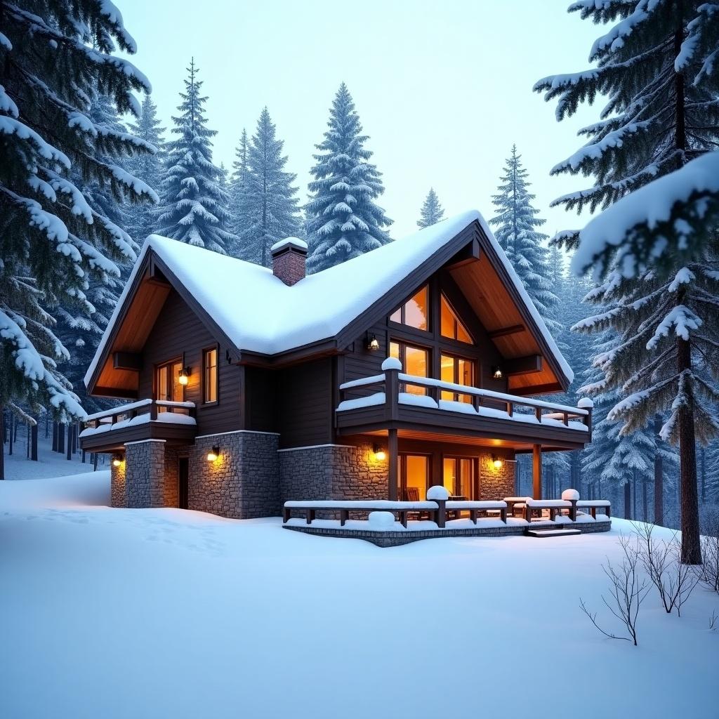 Cozy chalet-style house in winter forest. Snow covers the ground. House has warm lights on. Pine trees surround the house.