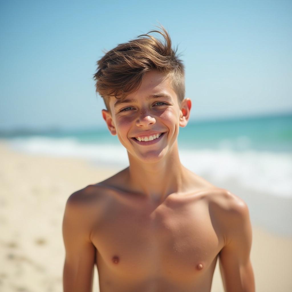 Shirtless young teen boy at beach smiling on sunny day
