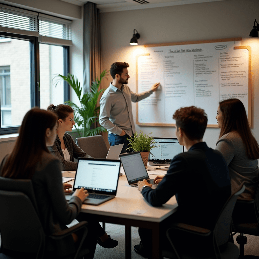 A group of people work together in an office while one writes on a whiteboard.