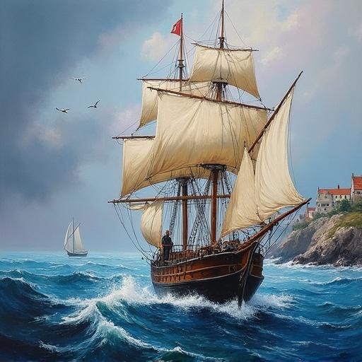 Oil painting depicting an old sailing ship with billowed sails. Sailor leans into the wind on the deck. Stormy sea with dynamic brushwork. Sky features shades of blue, grey, and violet. Background includes rugged coastline with fishermen's houses and seagulls. Distant sailboat enhances depth.