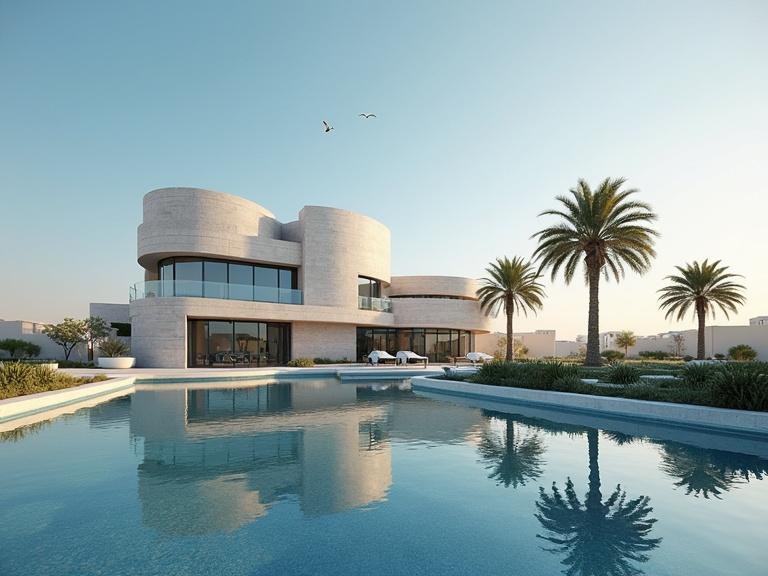 Showcasing BIM technology in Saudi Arabia, modern villa near a pool, featuring typical Saudi architectural elements and a beautiful landscape.
