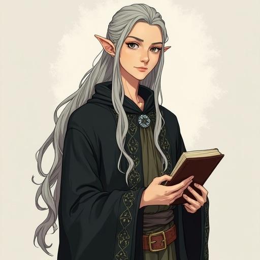 An elven advisor with long silver hair tied back wears a black mage's robe with geometric patterns and holds a book. The expression is clumsy yet kind. Anime style with delicate lines and muted colors.