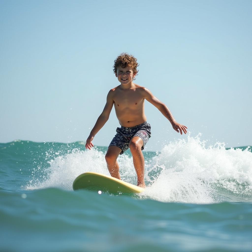 A young boy surfing in the ocean. He has curly hair and is enjoying the activity. Bright sunny day with crashing waves around him.