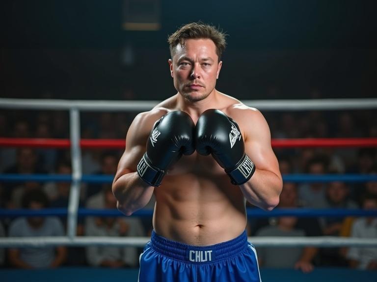 Boxing auditorium setting. Boxer with no shirt. Wearing black boxing gloves. Dressed in blue boxing shorts. Facing the camera. Gloves positioned in front of chin. Ready to jab.