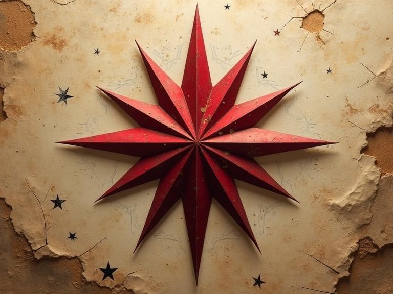 Bold semi-abstract composition featuring an eight-pointed star in deep metallic crimson on a textured background. Blurs lines between ancient and futuristic themes. Evokes hidden knowledge and celestial power.