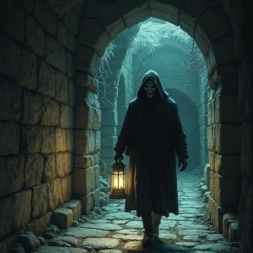 Masked figure holds lantern in ancient stone corridor beneath forgotten city. Strange symbols glow on walls. Mysterious mood with chiaroscuro lighting. Surreal gothic illustration.