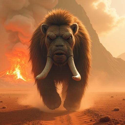 Image of an extraterrestrial animal with a menacing look. Four-legged, heavy and large. Long hair and grey eyes. Fleeing from erupting volcano on reddish desert floor.