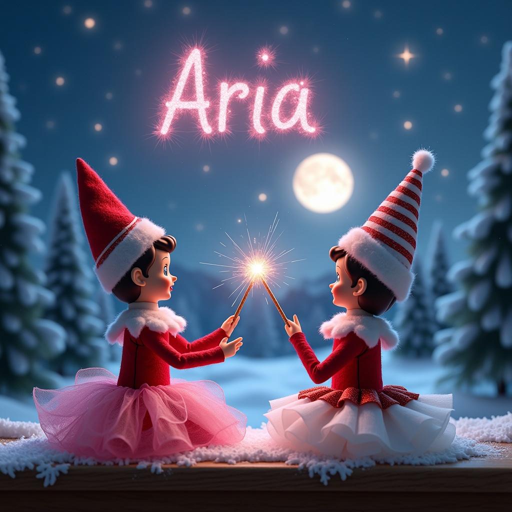 Two elves on a shelf with magical wands writing names in pink glitter. One has a pink poofy dress and the other a white and red poofy dress. They sit facing a snowy landscape with stars and a bright moon. The names 'Aria' and 'Calia' and 'Maia' glow in the sky.