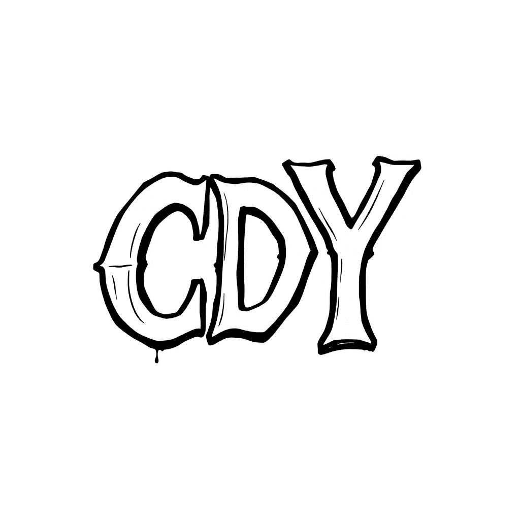 The image features the stylized letters 'CDY' on a plain white background. The typography is bold and slightly irregular, with a hand-drawn, graffiti-like appearance. The letters are outlined in black, with uneven lines and small details that give them a dynamic and casual look. This artistic rendering suggests an edgy and creative vibe, suitable for urban or contemporary design contexts.