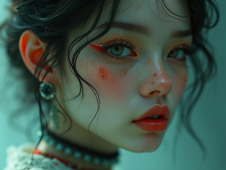 A close-up portrait of a woman with striking makeup features. Soft lighting enhances her facial details. The background has a delicate pastel hue, creating an ethereal atmosphere. Her skin has a glittery effect around the eyes and cheeks, highlighting her expressive gaze and artistic style.