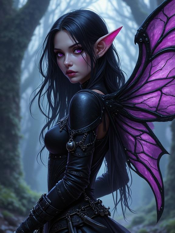 A digital artwork depicting a shadow fey rogue character in a dark forest. The rogue features pale gray-violet skin and long raven-black hair with violet shine. She has high cheekbones and sharp ears adorned with silver chains. The character wears matte black leather armor with shadowy threads and is equipped with throwing knives and vials of poison. Translucent moth-like wings with smoky patterns are half-folded behind her back. She strikes an action pose. The background resembles ancient parchment and the overall aesthetic combines elements from Arcane and Klaus styles.