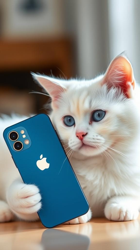 A white cat is adorably holding a blue smartphone with an Apple logo.