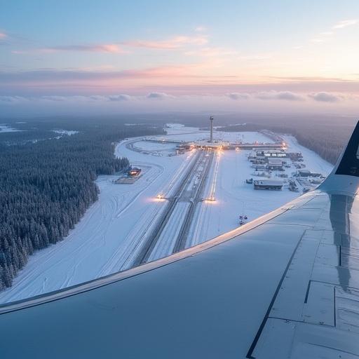 Aerial view of Rovaniemi Airport with snowy surroundings and an airplane wing in the frame. The airport runway is illuminated with lights. Twilight sky with pink hues is visible over the trees.