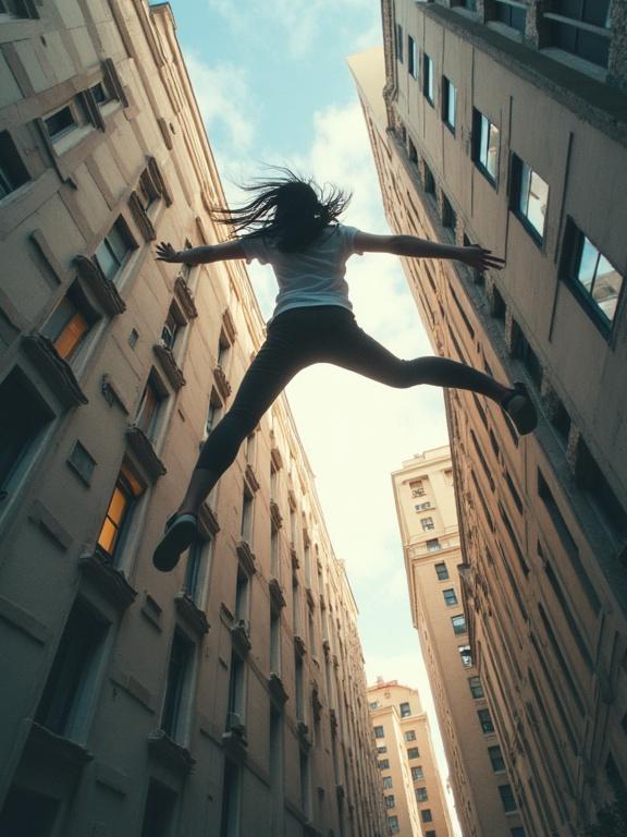 Distorted perspective of a woman leaping off a tall building captured from above. View down shows dynamic movement. Architecture and sky are visible.