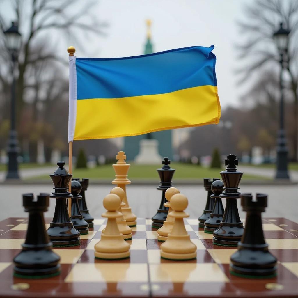 Ukrainian flag waving above a chessboard set in a park. Chess pieces are arranged on the board. Background features trees and a monument. Captured in a serene environment with soft light.