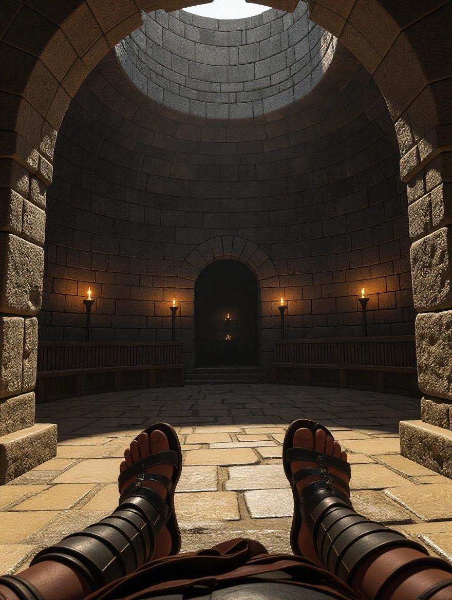 First-person view of an underground Roman chamber with sandals and armor. Torchlight lights stone walls. Dust in the air. Muffled crowd noise. Photorealistic and highly detailed.