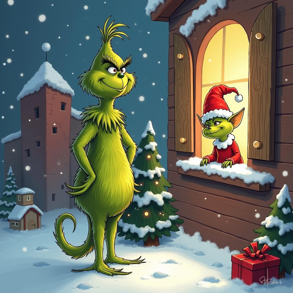 Grinch character with an elf in a festive winter setting. Snow falling, Christmas trees, holiday decorations. Grinch is green, cheerful. Elf is wearing a red hat, looking out of a window. Presents and a cozy atmosphere.